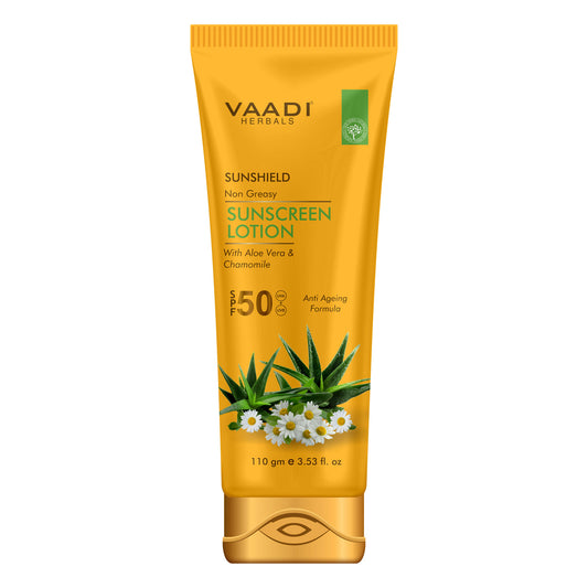 Sunscreen Lotion SPF 50 with Aloe Vera & Chamomile - Non Greasy Long Lasting Soothes Burnt Skin (110 ml/ 4 fl oz)