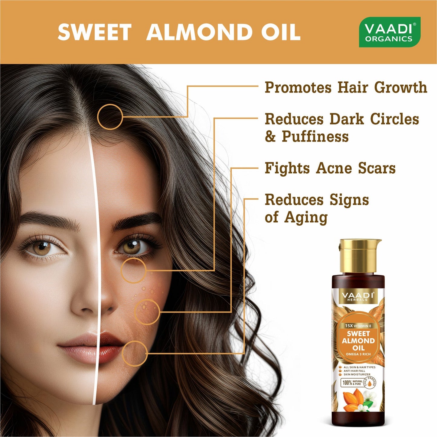 Cold-Pressed Sweet Almond Oil with Vitamin E - Anti Hair Fall - Removes Dark Circles- Skin Moisturizer-Promotes Hair Growth (120 ml / 4.05 oz)
