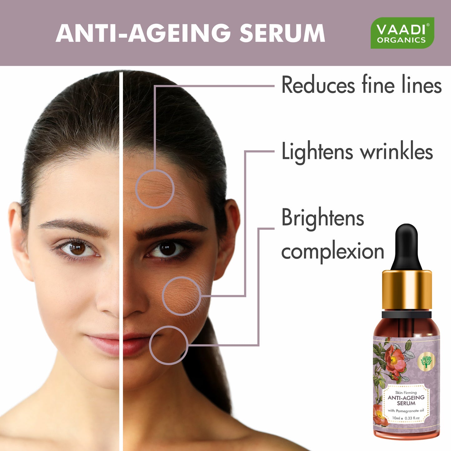 Vitamin E Anti Ageing Serum with Pomegranate Oil - Reduces Fine Lines, Lightens Wrinkles & Brightens Complexion (10 ml/ 0.33 oz)