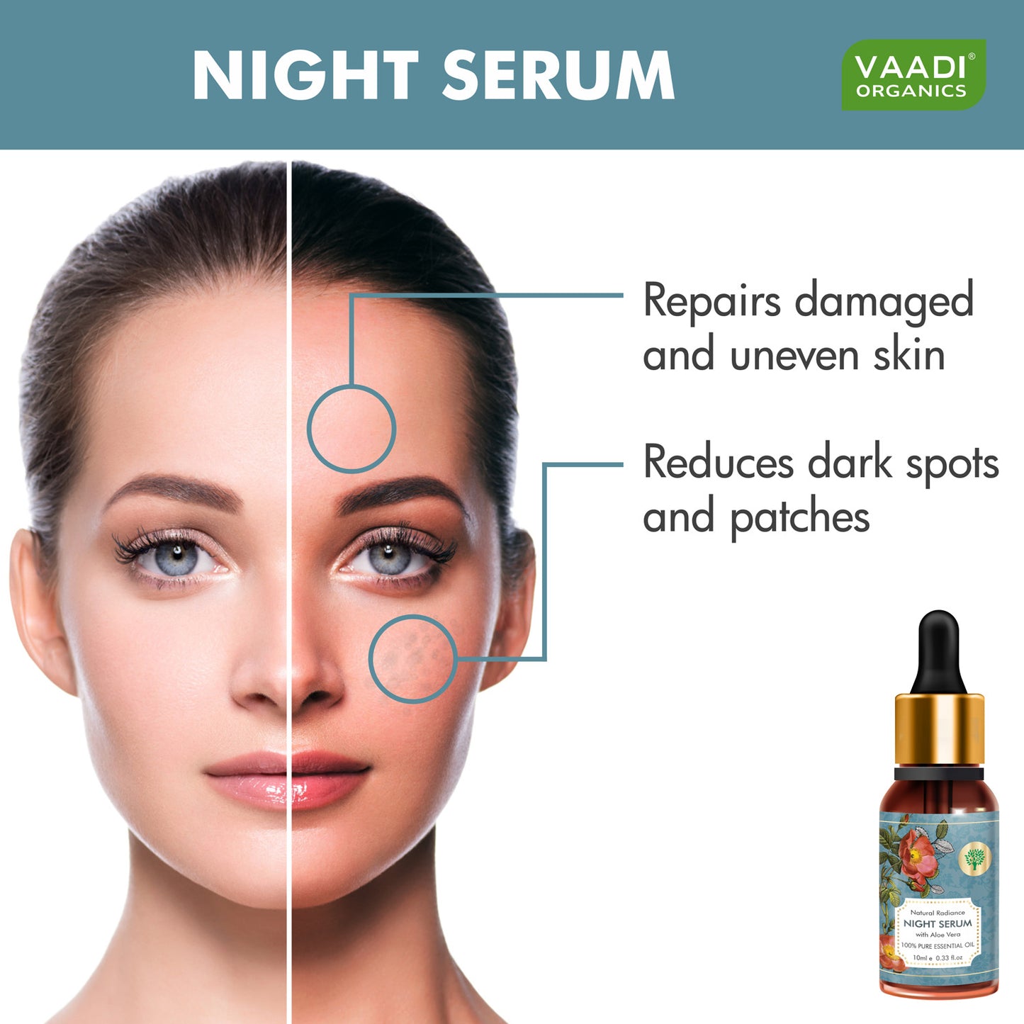 Natural Radiance Night Serum with Aloe Vera - Reduces Dark Spots & patches, Repairs Damaged & Uneven Skin (10 ml/ 0.33 oz)