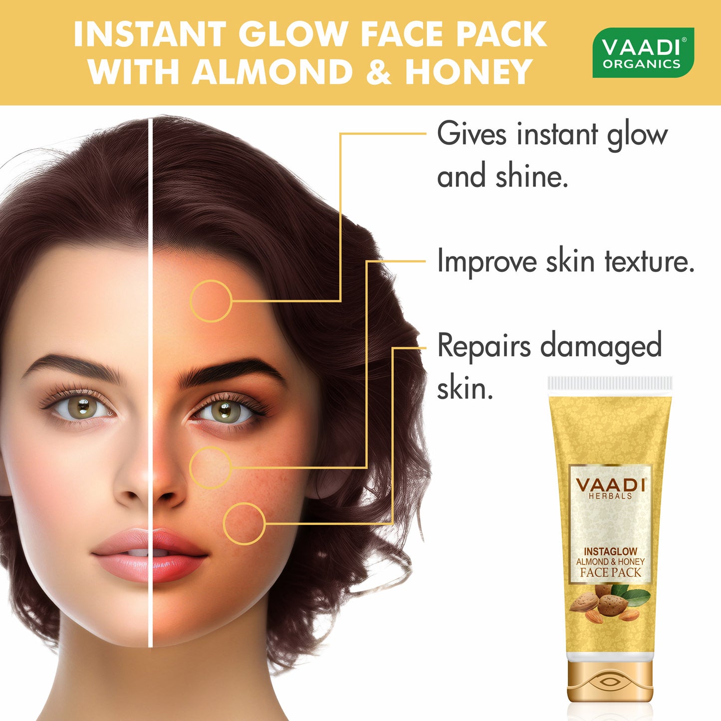Organic InstaGlow Face Pack with Almond & Honey - Lightens Pigmentation Gives Instant Glow (120 gms /4.3 oz)
