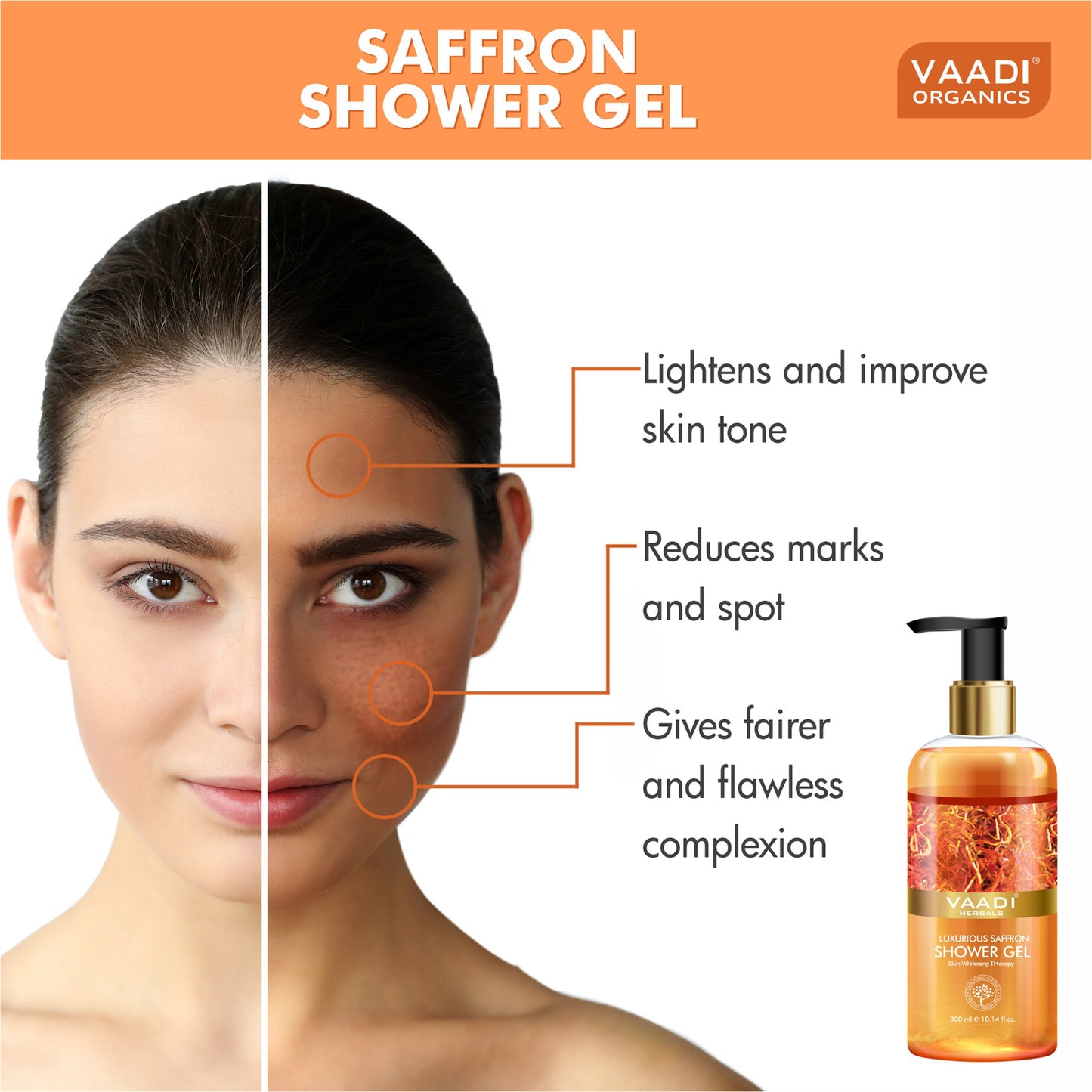 Luxurious Organic Saffron Shower Gel - Skin Lightening Therapy Reduces Pigmentation Marks (300 ml / 10.2 fl oz)