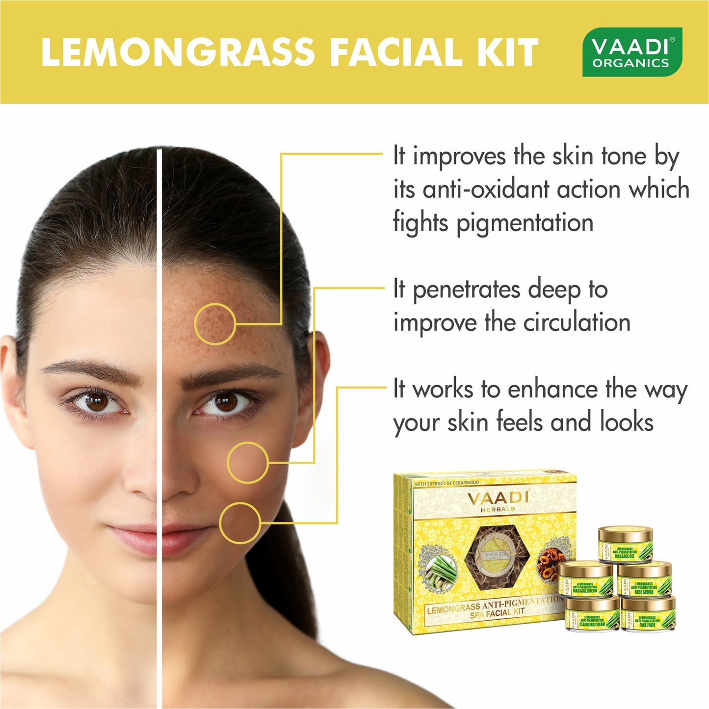 Anti Pigmentation Lemongrass Facial Kit with Cedarwood Extract, Apricot Extract and Fenugreek (270 gms/9.6 oz)