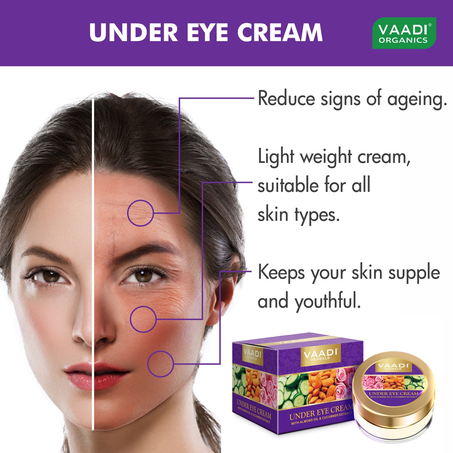 Under Eye Cream with Almond Oil & Cucumber Extract - Reduces Puffiness Keeps Skin Youthful (3 x 30 gms /1.1 oz)
