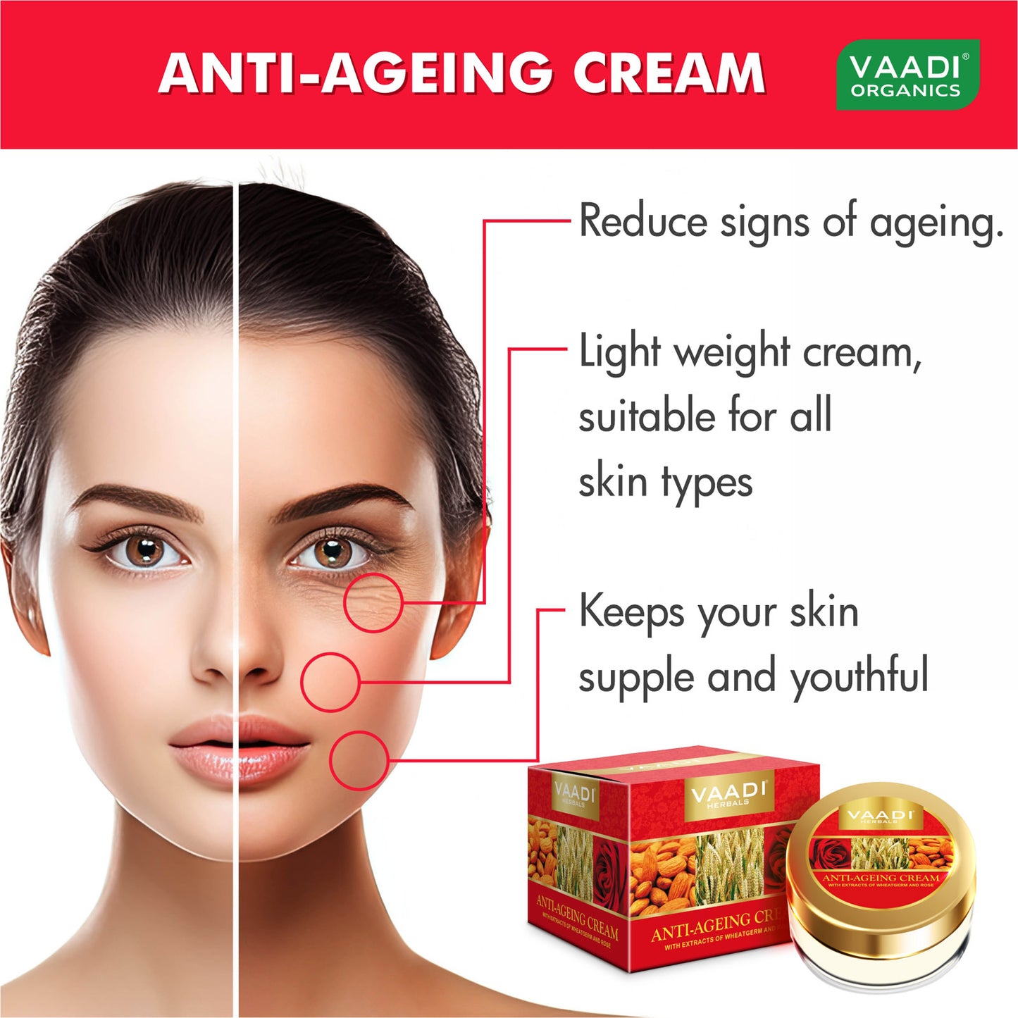 Anti Ageing Cream with Almond, Wheatgerm - Boosts Collagen & Delays Wrinkles Keeps Skin Soft & Youthful (3 x 30 gms /1.1 oz)
