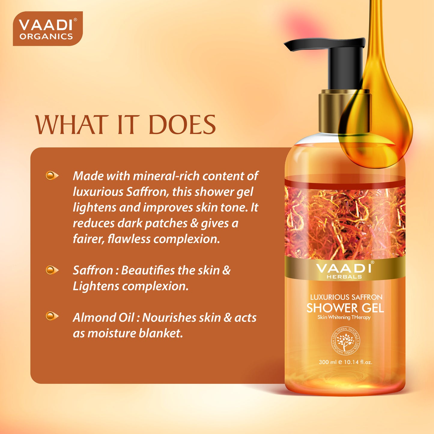 Luxurious Organic Saffron Shower Gel - Skin Lightening Therapy Reduces Pigmentation Marks (300 ml / 10.2 fl oz)