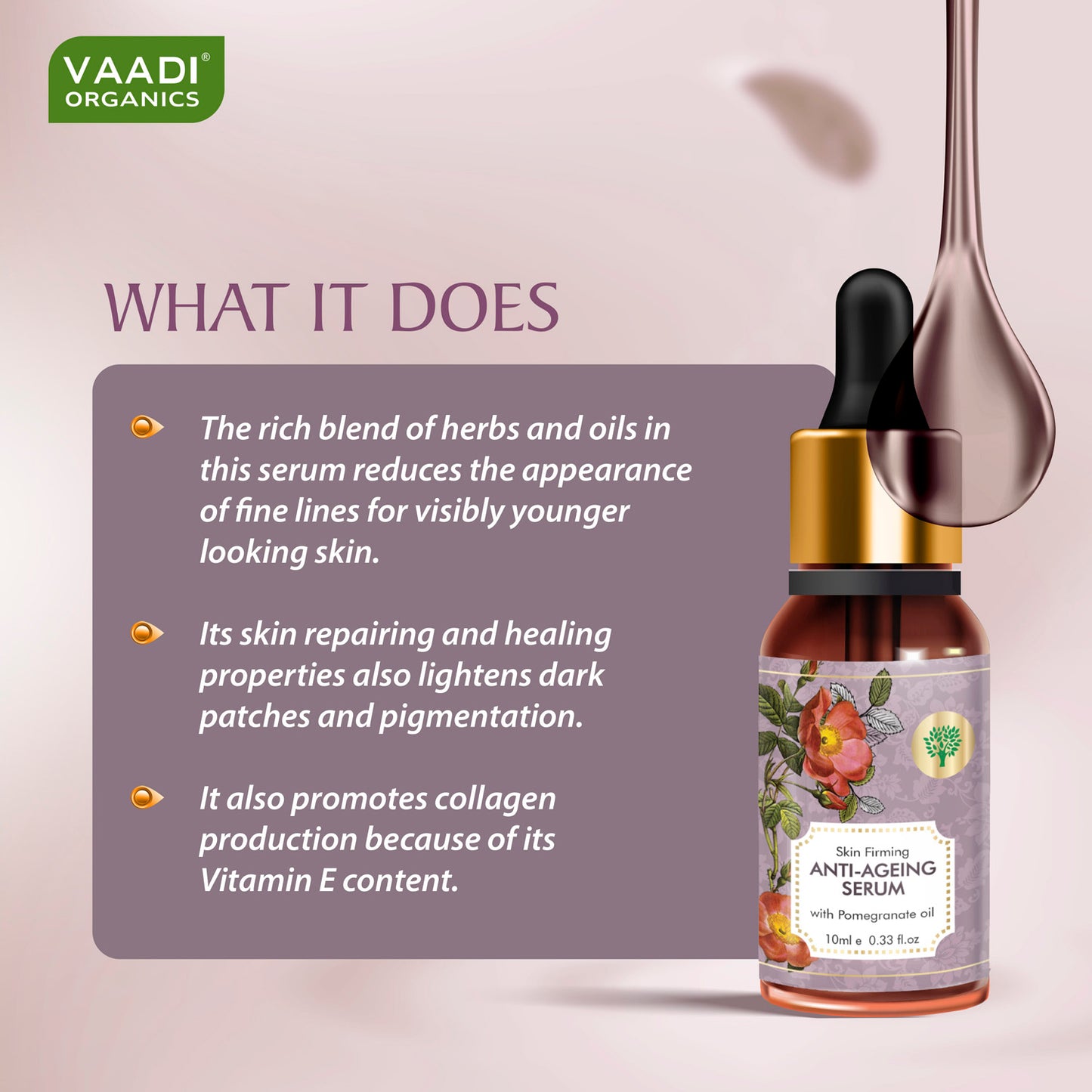 Vitamin E Anti Ageing Serum with Pomegranate Oil - Reduces Fine Lines, Lightens Wrinkles & Brightens Complexion (10 ml/ 0.33 oz)
