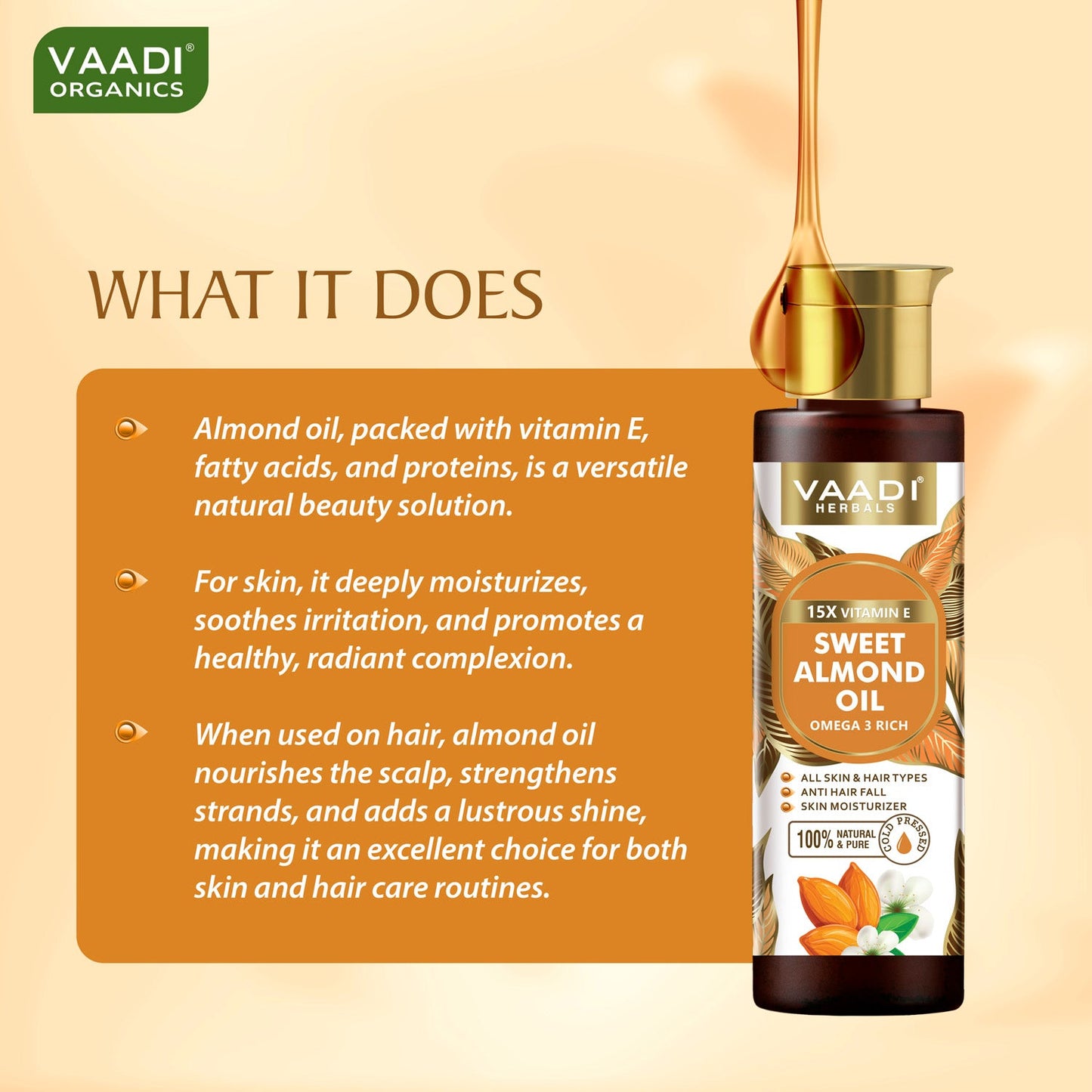 Cold-Pressed Sweet Almond Oil with Vitamin E - Anti Hair Fall - Removes Dark Circles- Skin Moisturizer-Promotes Hair Growth (120 ml / 4.05 oz)