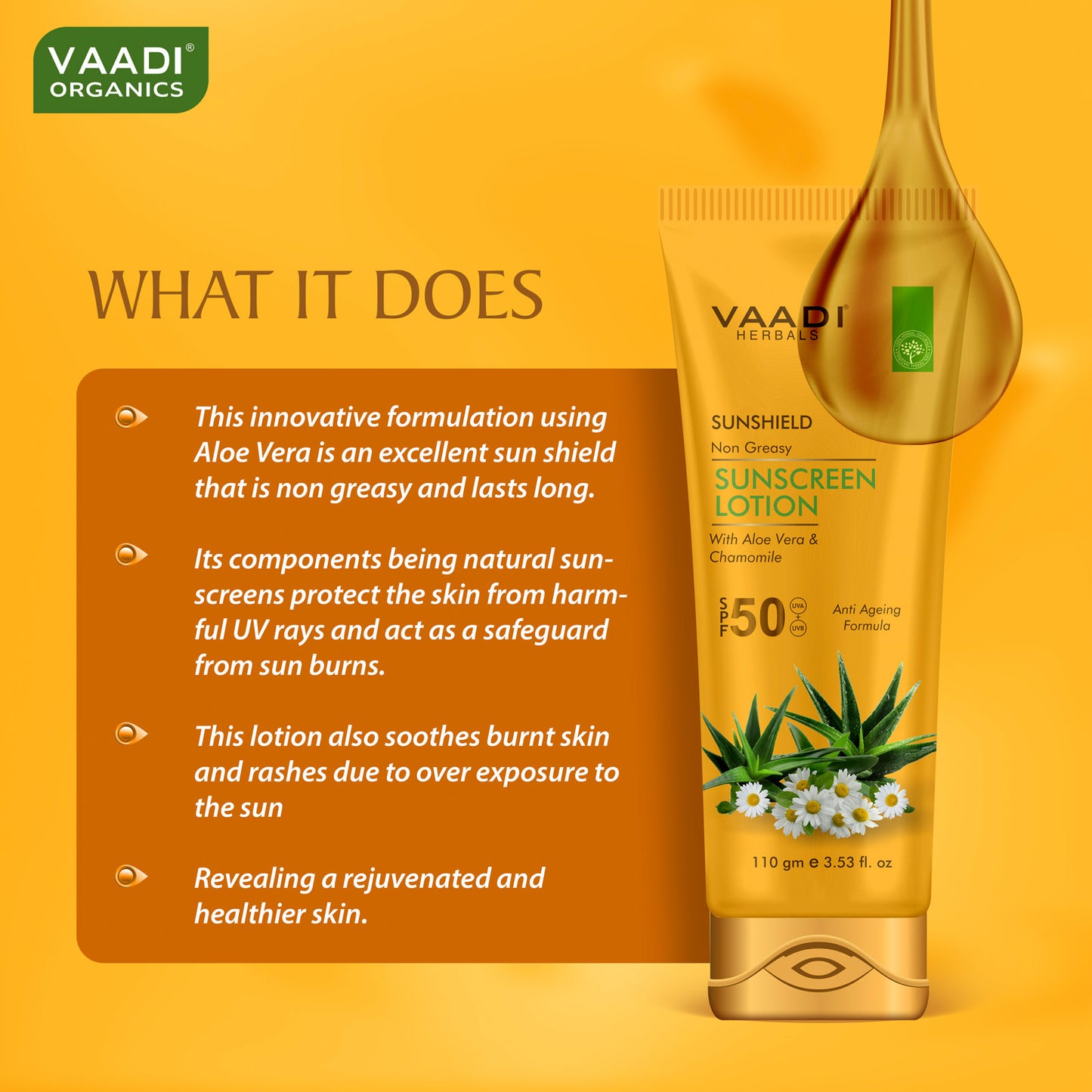 Sunscreen Lotion SPF 50 with Aloe Vera & Chamomile - Non Greasy Long Lasting Soothes Burnt Skin (110 ml/ 4 fl oz)