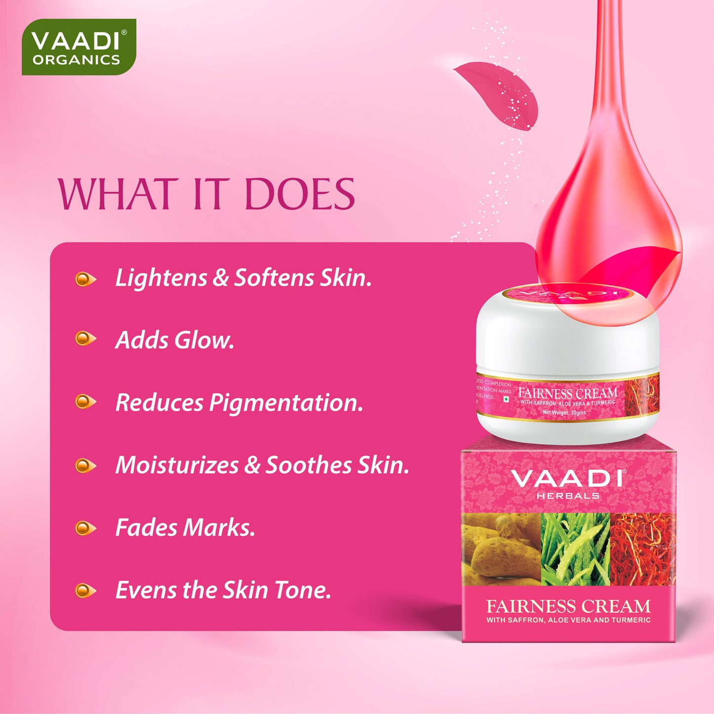 Fairness Cream with Saffron, Aloe Vera & Turmeric Extract - Lightens Marks & Blemishes Makes Skin Flawless ( 30 gms / 1.1 oz)