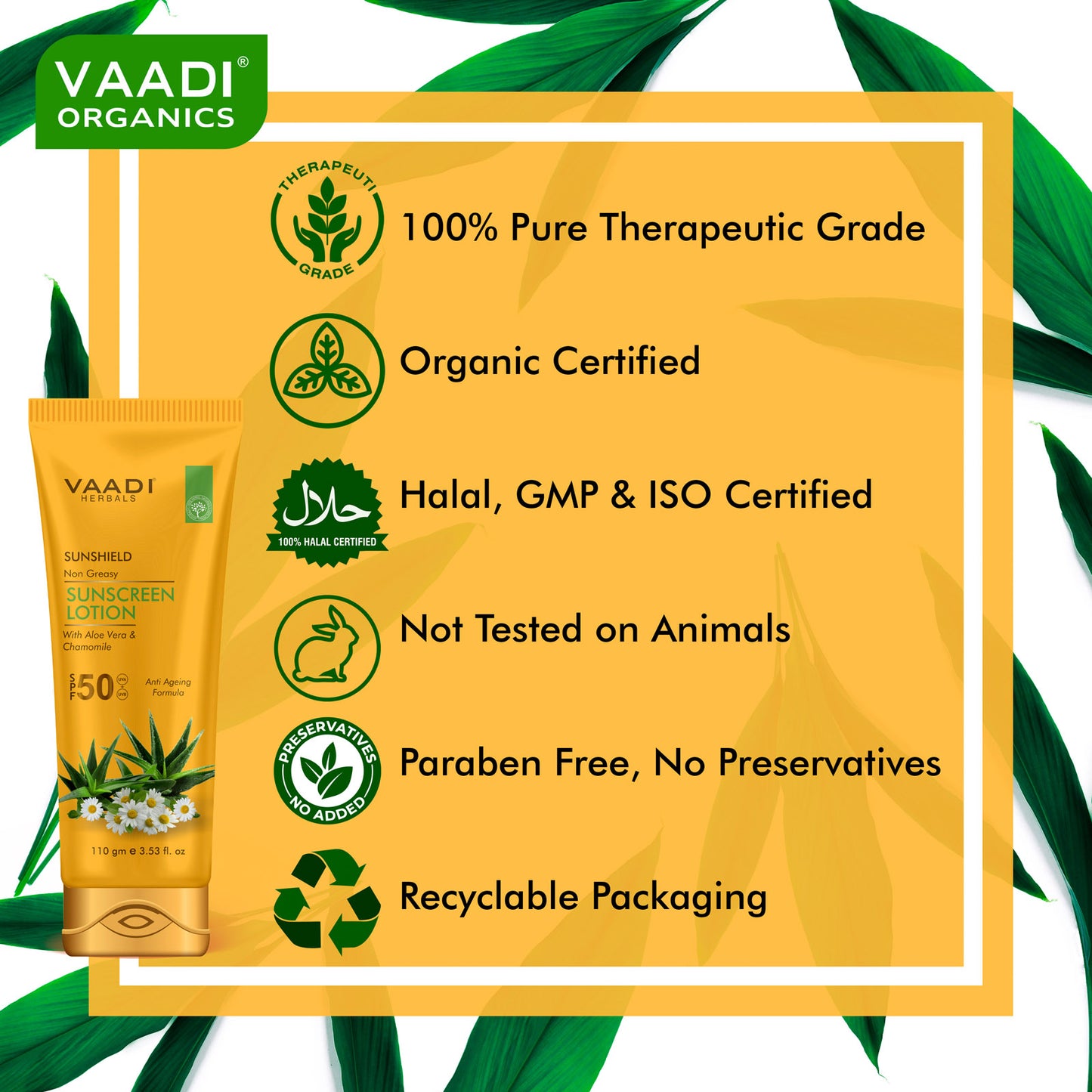 Sunscreen Lotion SPF 50 with Aloe Vera & Chamomile - Non Greasy Long Lasting Soothes Burnt Skin (110 ml/ 4 fl oz)