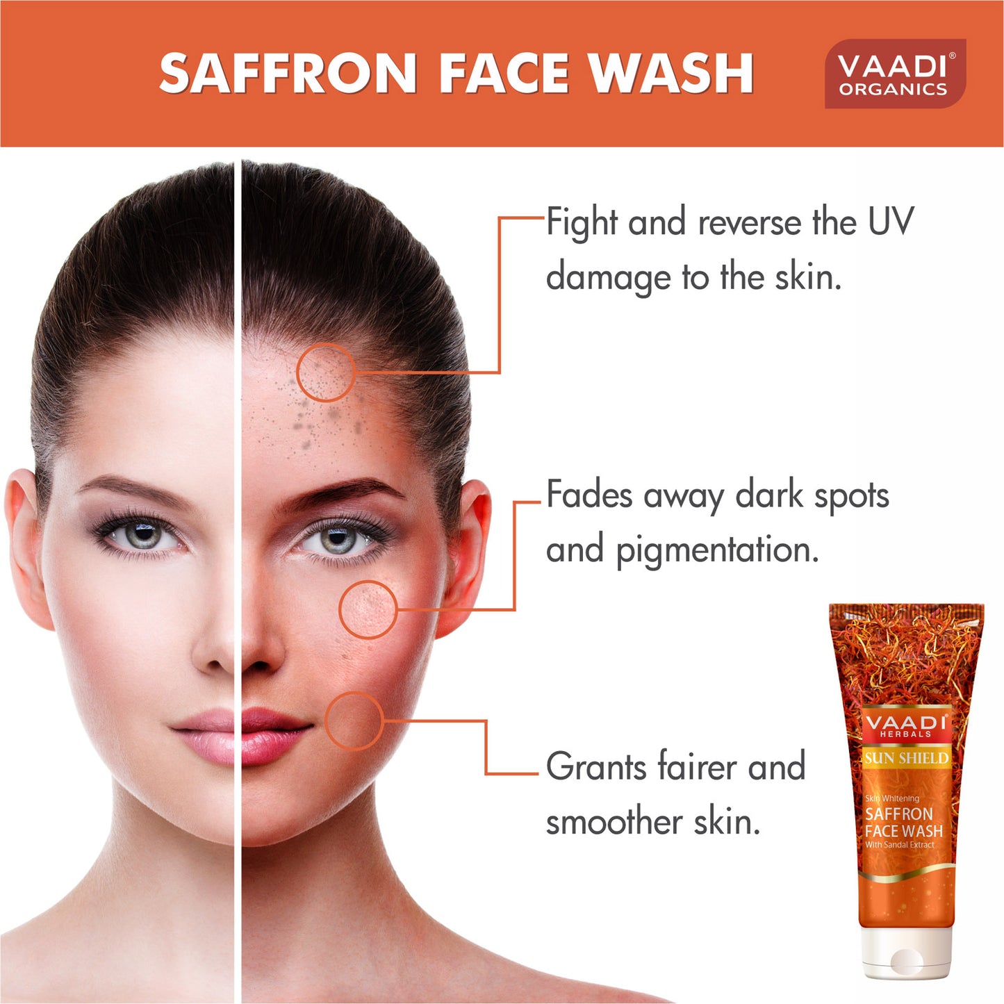 Skin Whitening Saffron Face Wash with Sandalwood - Protects Skin from Sun - Lightens Pigmentation (60 ml/2.1 fl oz)