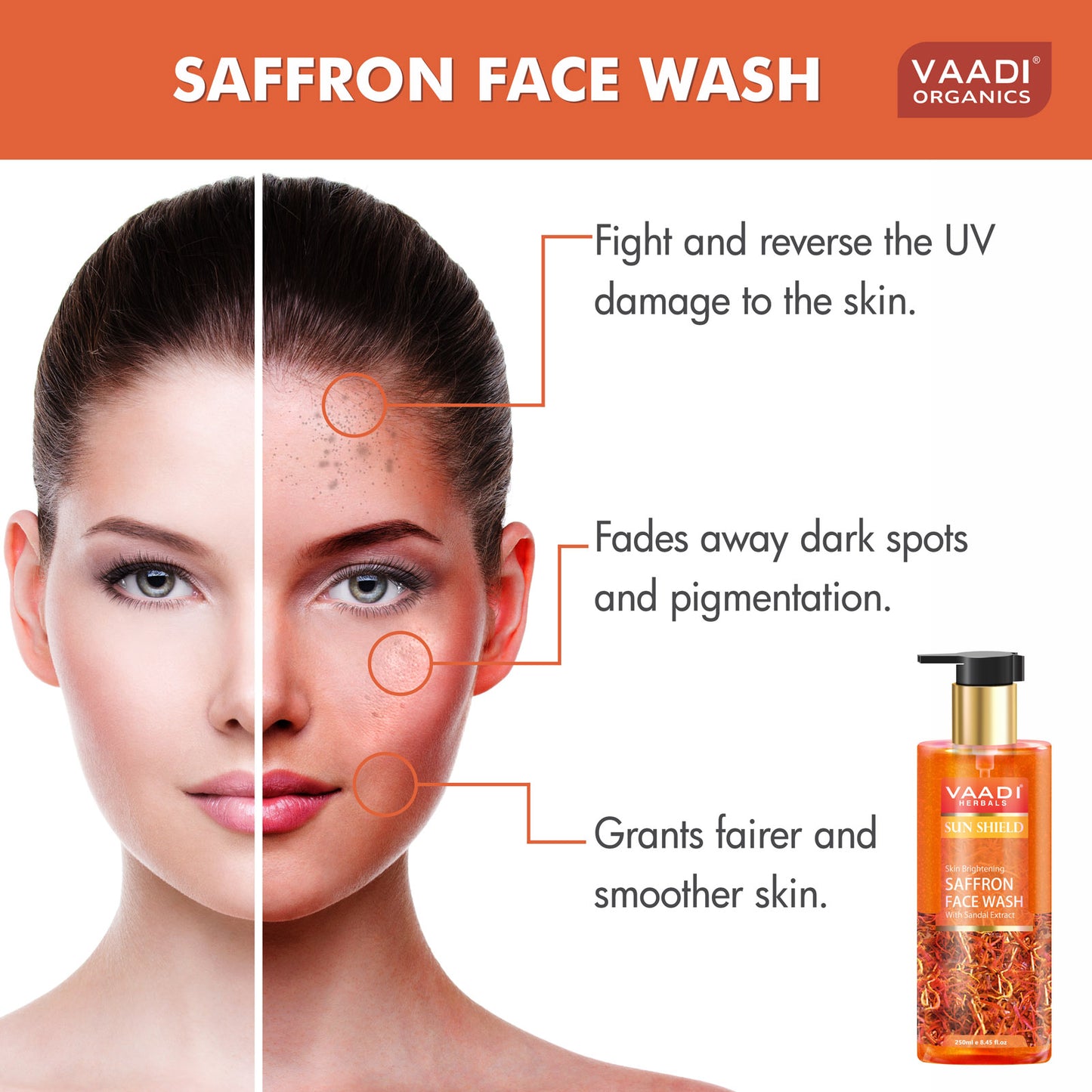 Skin Whitening Saffron Face Wash with Sandalwood - Protects Skin from Sun - Lightens Pigmentation  (250 ml / 8.5 fl oz )