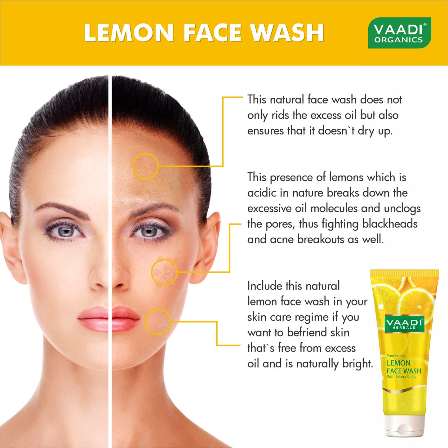 Skin Hydrating Organic Lemon Face Wash with Jojoba Beads - Removes Excess Oil Prevents Acne (60 ml / 2.1 fl oz)
