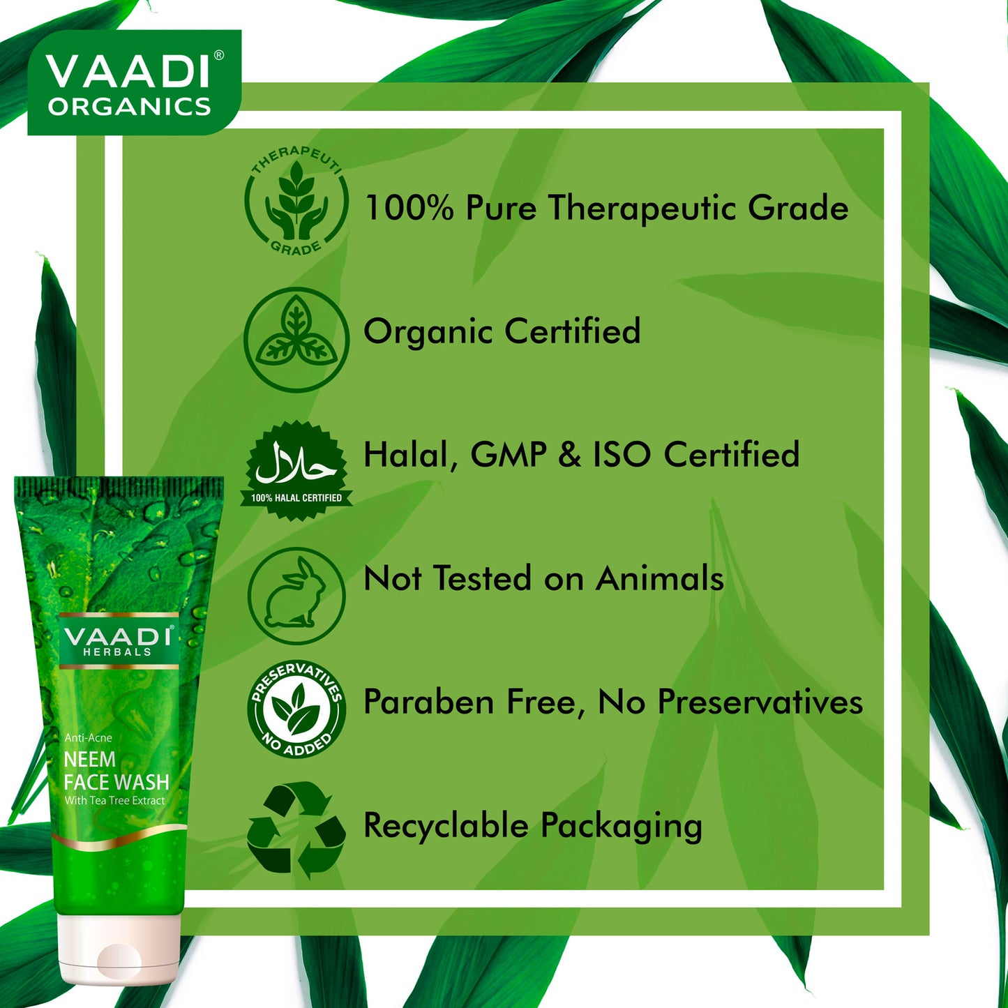 Anti Acne Organic Neem Face Wash with Tea Tree Extract - Controls Acne Heals Skin (60 ml/2.1 fl oz)