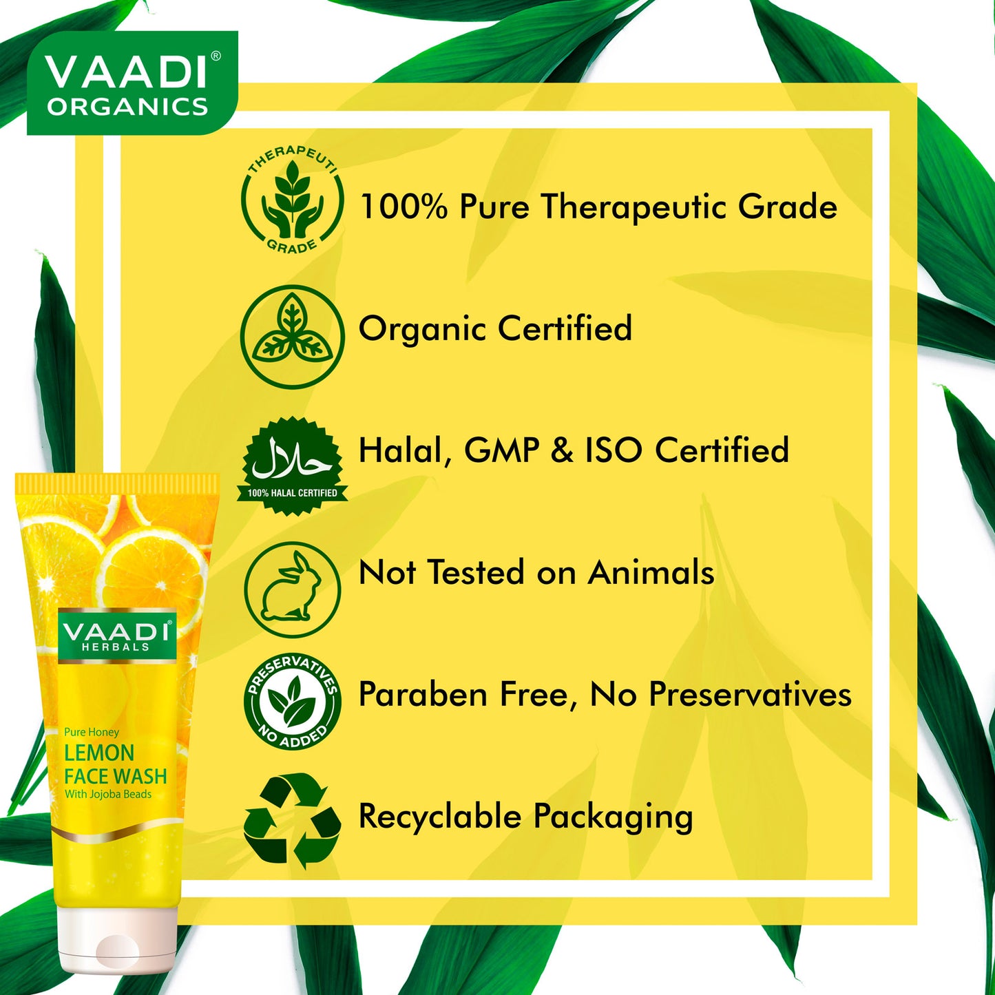 Skin Hydrating Organic Lemon Face Wash with Jojoba Beads - Removes Excess Oil Prevents Acne (60 ml / 2.1 fl oz)