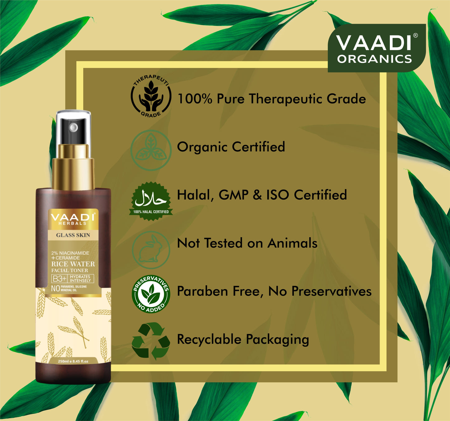Vaadi Herbals 2% Niacinamide + Ceramide Rice Water Facial Toner - B3+ | Brightening| Pore-Tightening & Glass-Skin Hydration (250 ml / 8.2 fl oz)