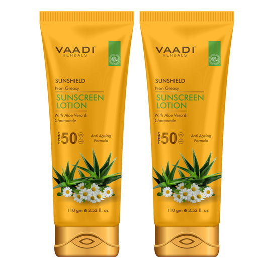 Sunscreen Lotion SPF 50 with Aloe Vera & Chamomile - Non Greasy - Long Lasting _ Soothes Burnt Skin (2 x 110 ml/ 4 fl oz)