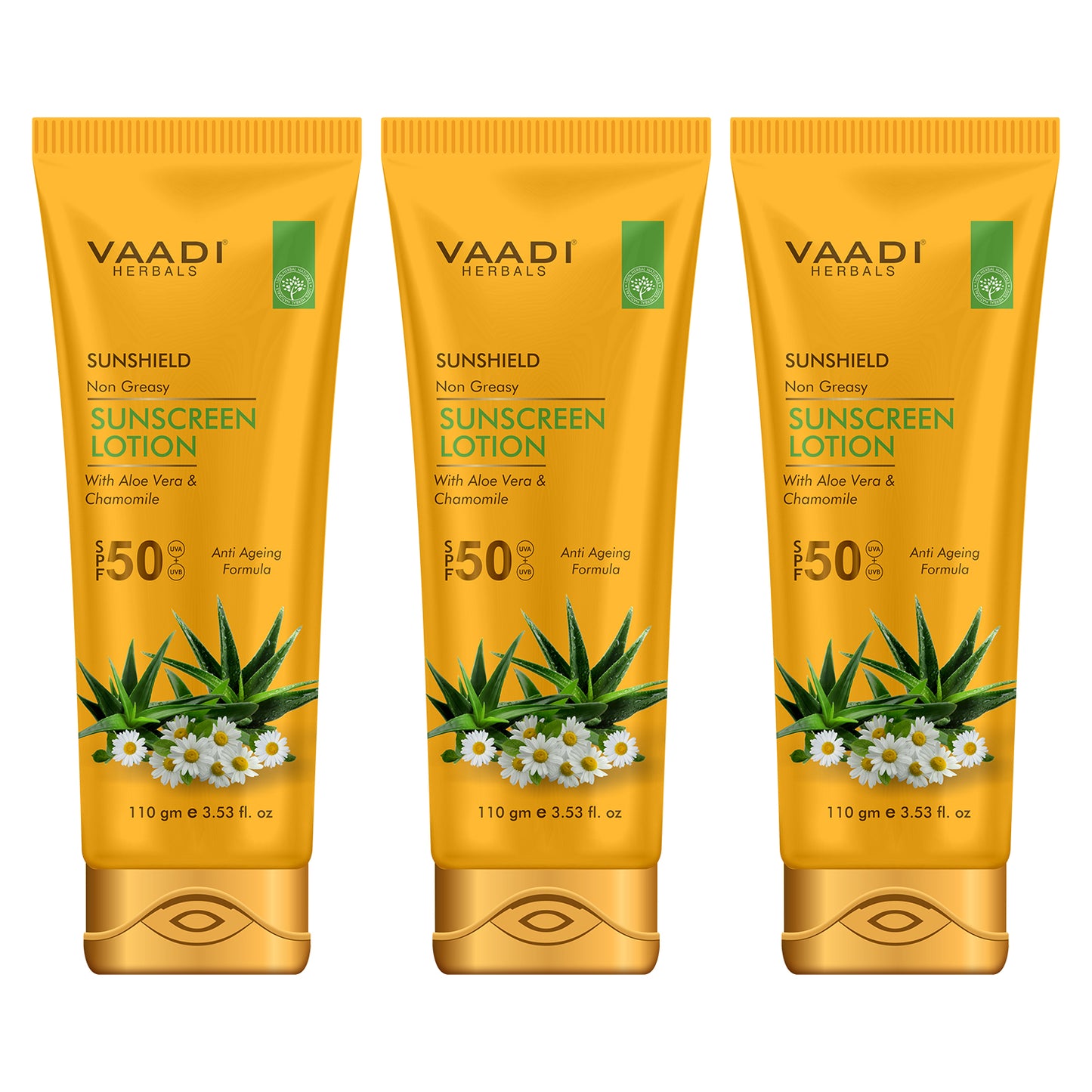 Sunscreen Lotion SPF 50 with Aloe Vera & Chamomile - Non Greasy - Long Lasting _ Soothes Burnt Skin (3 x 110 ml/ 4 fl oz)