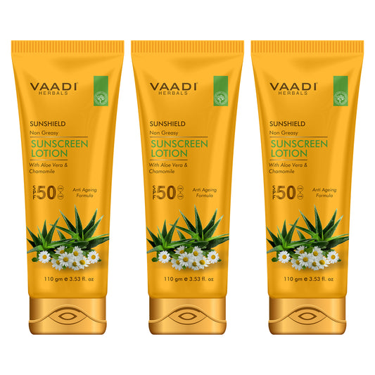 Sunscreen Lotion SPF 50 with Aloe Vera & Chamomile - Non Greasy - Long Lasting _ Soothes Burnt Skin (3 x 110 ml/ 4 fl oz)