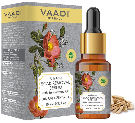 Scar Removal Serum (Pure Mix of Sandalwood Oil, Steam Distilled Neem & Fenugreek Extract) - Reduces Acne, Dark Spots & Pigmentation (10 ml/ 0.33 oz)