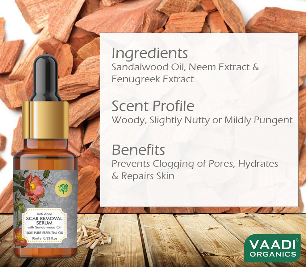 Scar Removal Serum (Pure Mix of Sandalwood Oil, Steam Distilled Neem & Fenugreek Extract) - Reduces Acne, Dark Spots & Pigmentation (10 ml/ 0.33 oz)