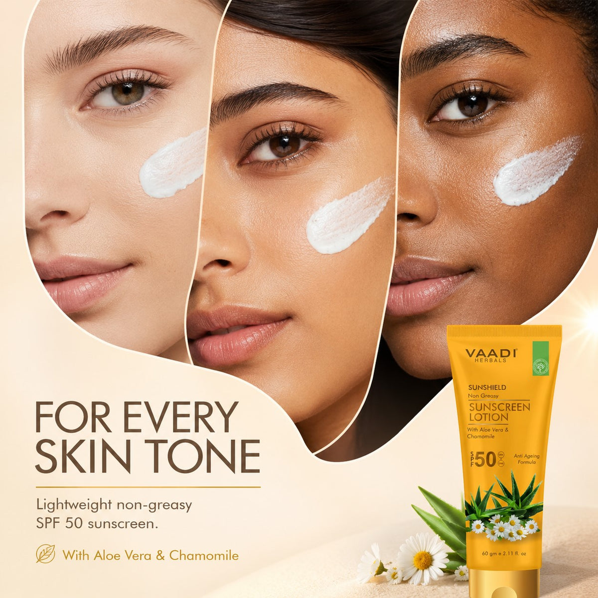 Sunscreen Lotion SPF 50 with Aloe Vera & Chamomile - Non Greasy - Long Lasting _ Soothes Burnt Skin (3 x 110 ml/ 4 fl oz)