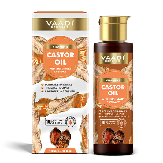 Cold Pressed Vitamin E Castor Oil with Rosemary Extract- For Hair, Skin & Nails- Promotes Hair Growth-Skin Hydrating-Strengthens Nails- Provides Shine-Reduces Hair Breakage-(120 ml / 4.05 oz)