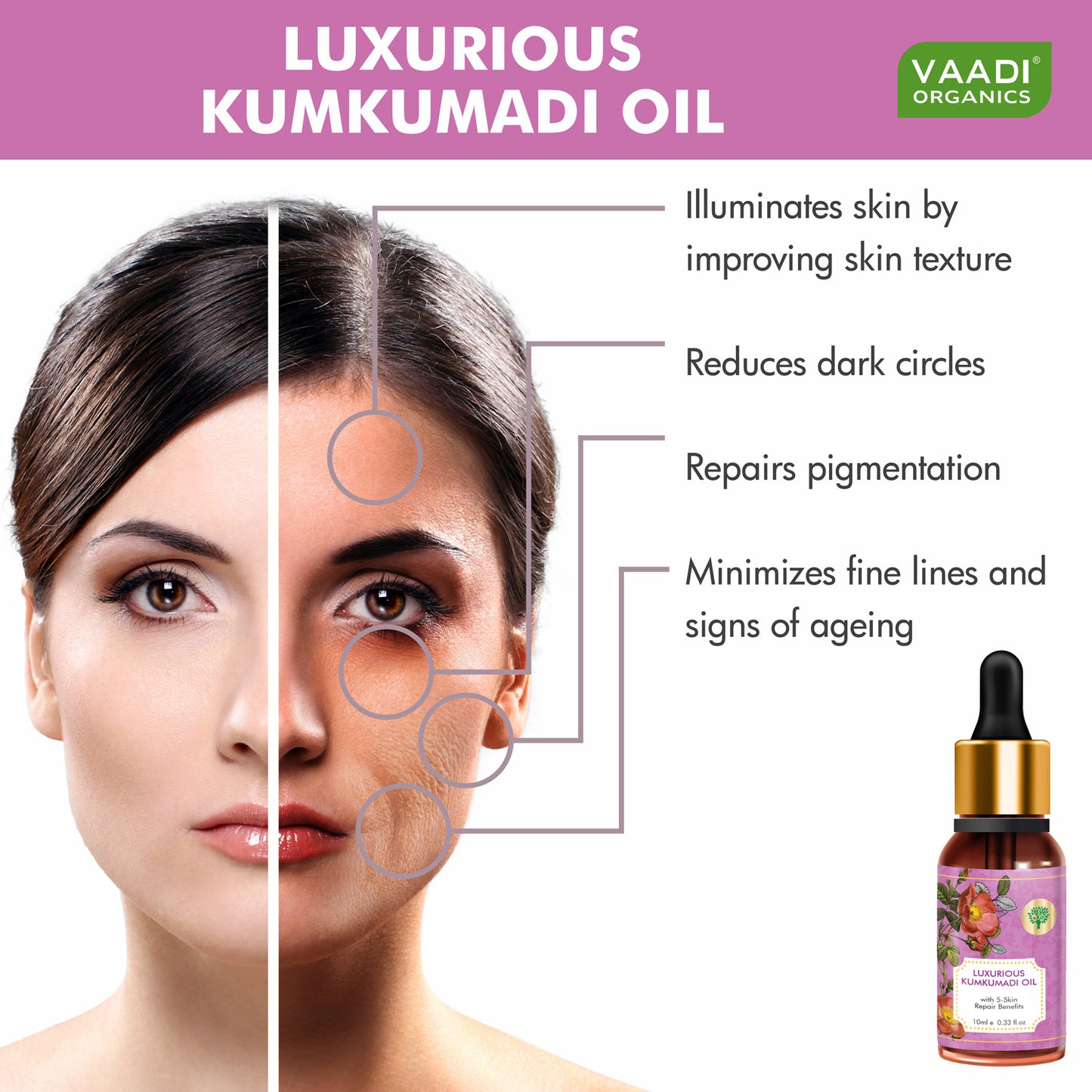 Luxurious Kumkumadi Oil (Pure Mix of Saffron, Sandalwood, Manjistha & Almond Oil) - Reduces Dark Circles, Pigmentation & Brightens Complexion (10 ml/ 0.33 oz)