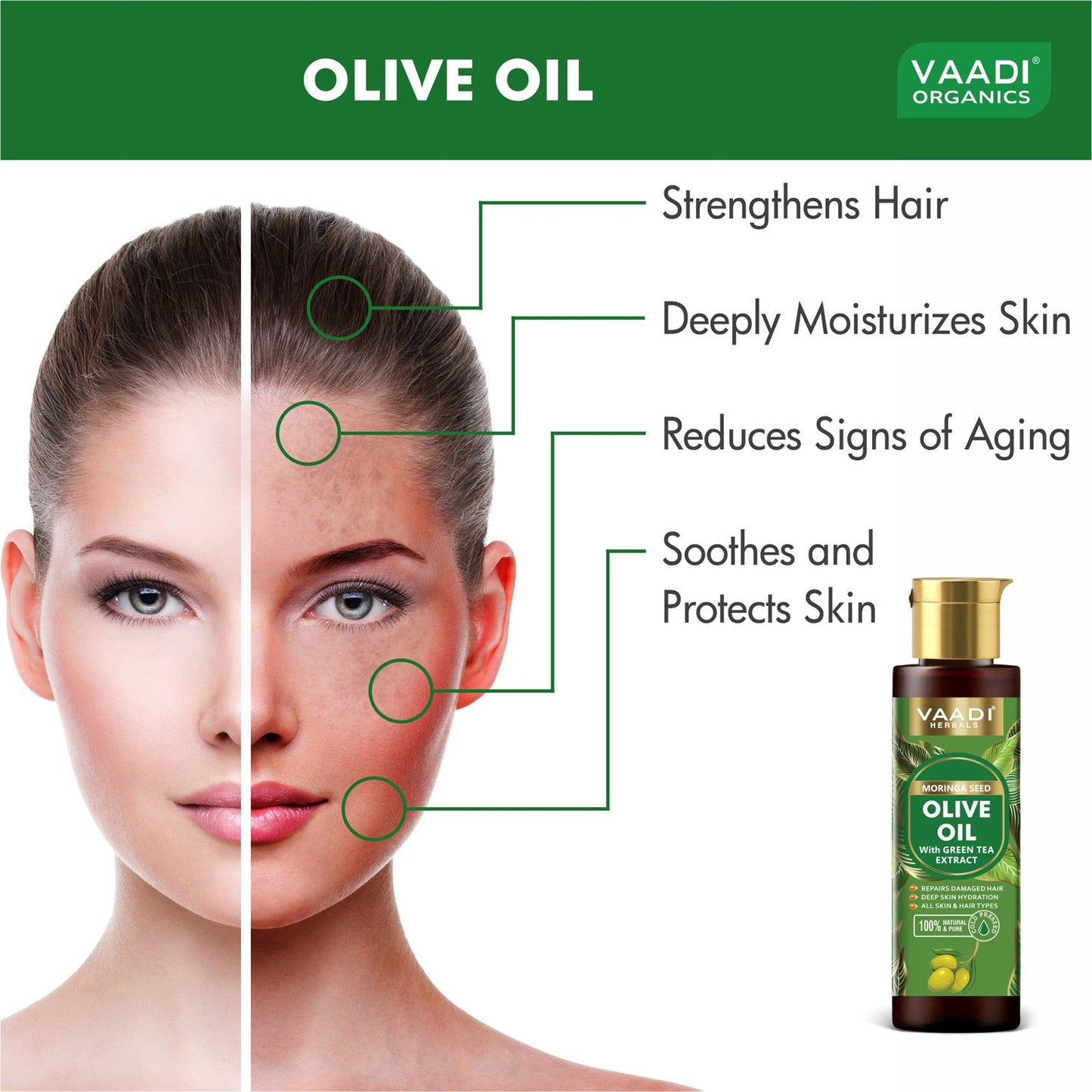 Cold Pressed Moringa Seed Olive Oil with Green Tea Extract- Repairs Damaged Hair-Deep Moisturisation -Skin Hydrating-Strengthens Hair -For All Types of Skin & Hair (120 ml / 4.05 oz)