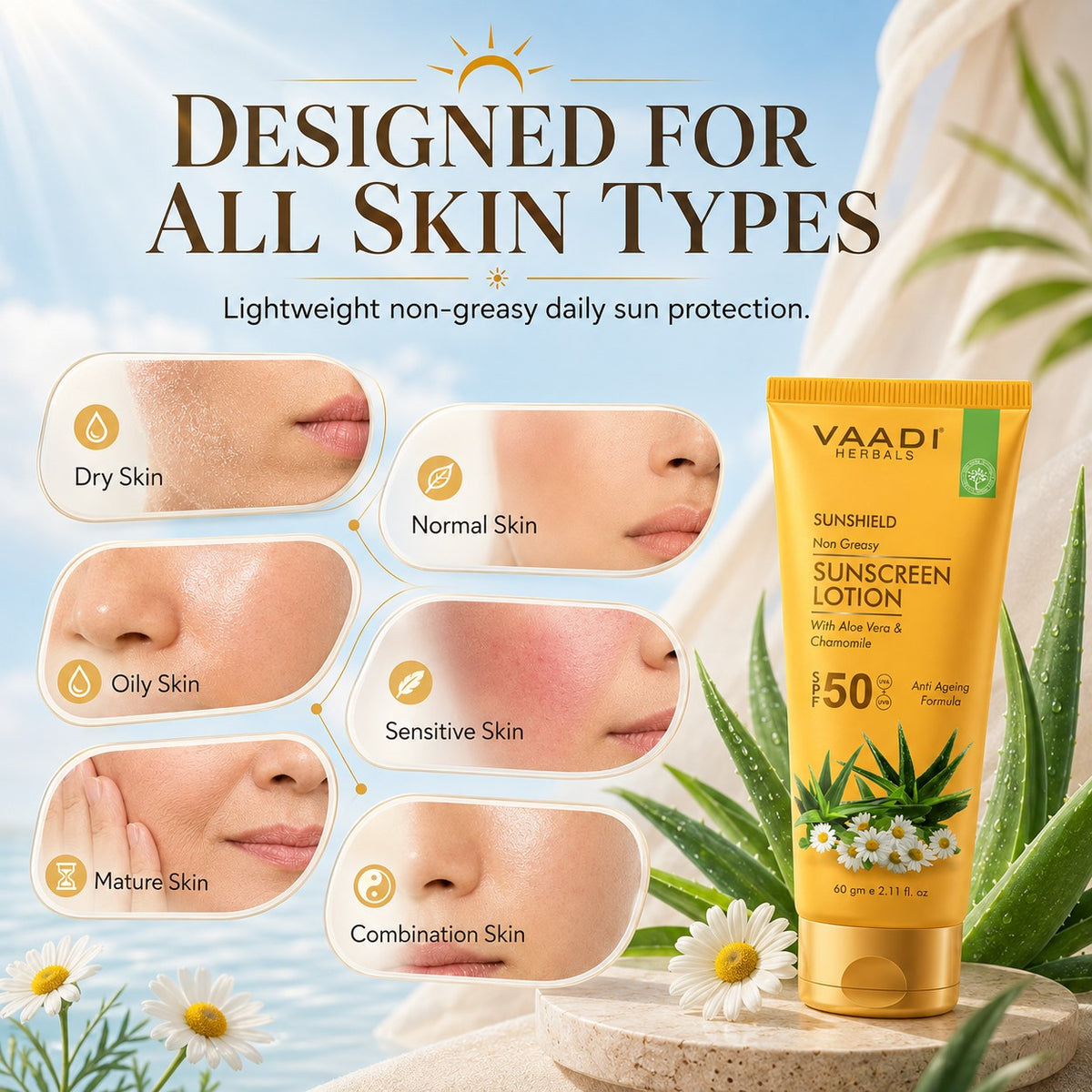 Sunscreen Lotion SPF 50 with Aloe Vera & Chamomile - Non Greasy - Long Lasting _ Soothes Burnt Skin (3 x 110 ml/ 4 fl oz)