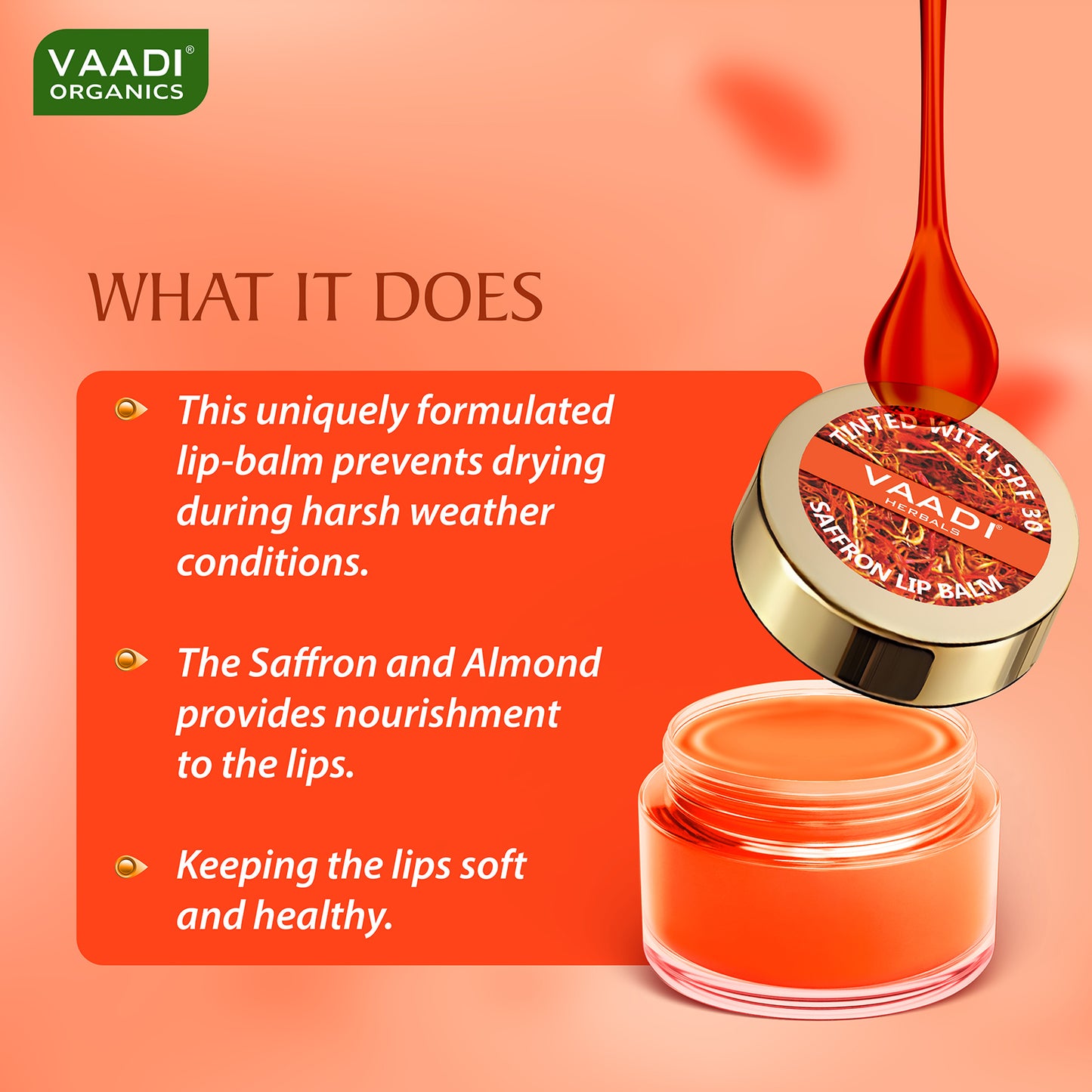 Tinted Saffron Lip Balm with SPF30 for Dry, Chapped & Sun Damaged Lips (10 gms / 0.4 oz)