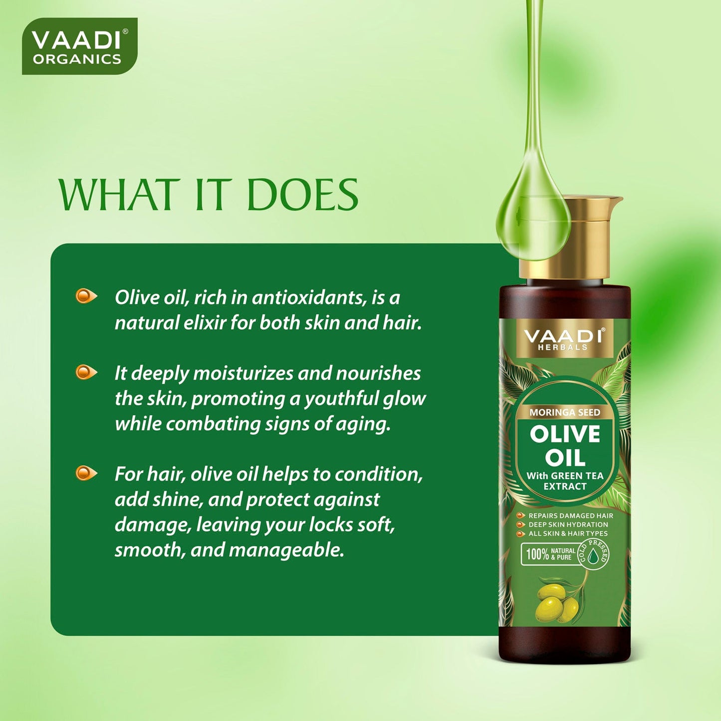 Cold Pressed Moringa Seed Olive Oil with Green Tea Extract- Repairs Damaged Hair-Deep Moisturisation -Skin Hydrating-Strengthens Hair -For All Types of Skin & Hair (120 ml / 4.05 oz)