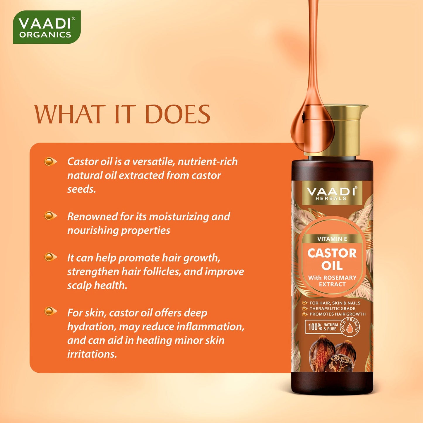 Cold Pressed Vitamin E Castor Oil with Rosemary Extract- For Hair, Skin & Nails- Promotes Hair Growth-Skin Hydrating-Strengthens Nails- Provides Shine-Reduces Hair Breakage-(120 ml / 4.05 oz)