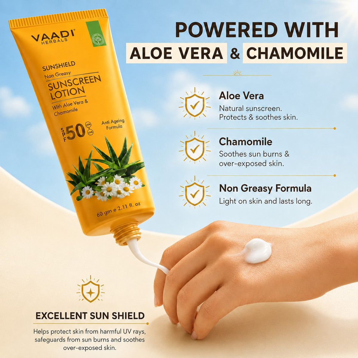 Sunscreen Lotion SPF 50 with Aloe Vera & Chamomile - Non Greasy - Long Lasting _ Soothes Burnt Skin (3 x 110 ml/ 4 fl oz)