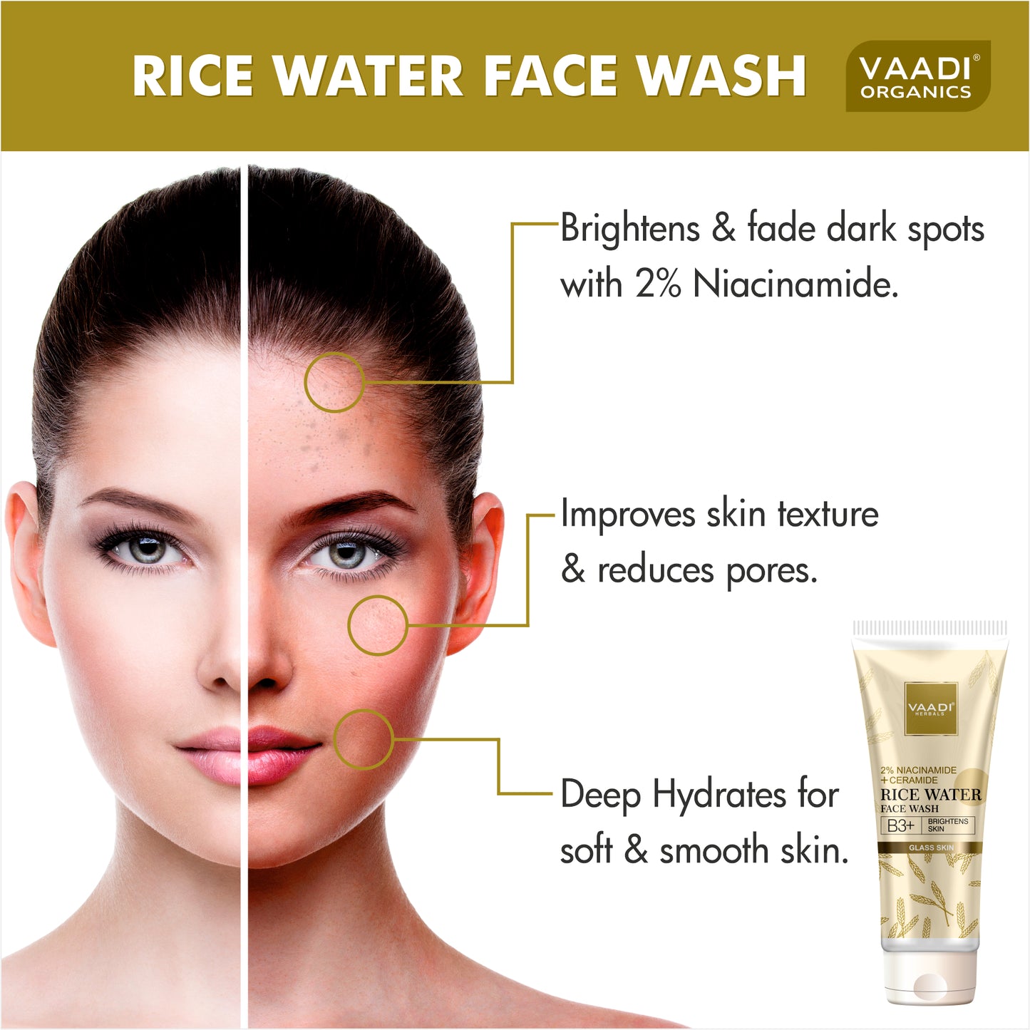 2% Niacinamide + Ceramide Rice Water Face Wash | B3+ | Brightens Skin|Glass Skin Look| Hydrating (60 ml)