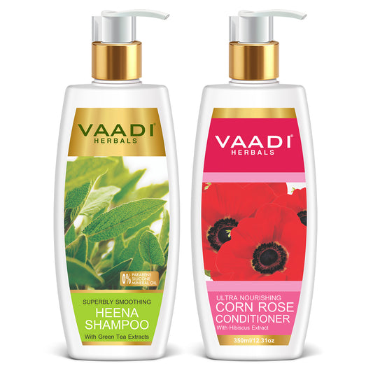 Superbly Smoothing Heena Shampoo with Green Tea Extract - Ultra Nutrient Rich Corn Rose Conditioner ( 2 x 350 ml/ 12 fl oz)