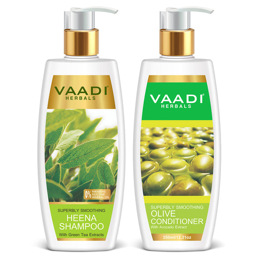 Superbly Smoothing Heena Shampoo with Green Tea Extract - Multi Vitamin Rich Olive Conditioner with Avocado Extract (2 x 350 ml/ 12 fl oz)