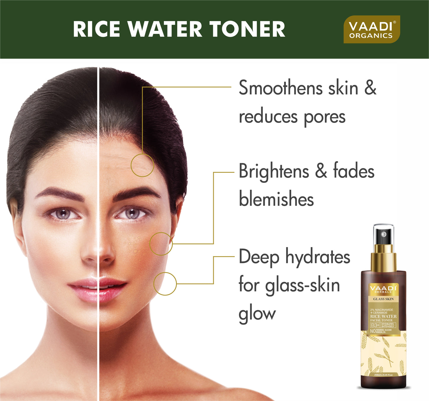 Vaadi Herbals 2% Niacinamide + Ceramide Rice Water Facial Toner - B3+ | Brightening| Pore-Tightening & Glass-Skin Hydration (250 ml / 8.2 fl oz)