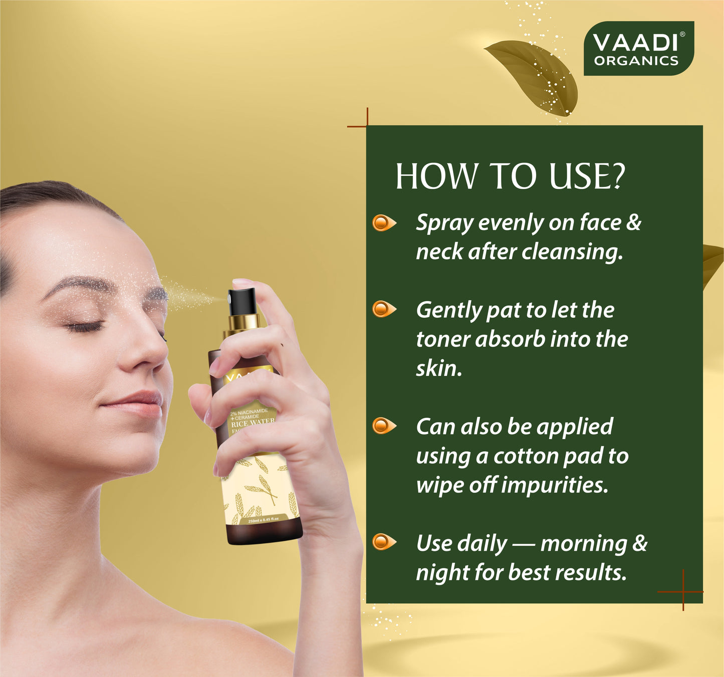 Vaadi Herbals 2% Niacinamide + Ceramide Rice Water Facial Toner - B3+ | Brightening| Pore-Tightening & Glass-Skin Hydration (250 ml / 8.2 fl oz)