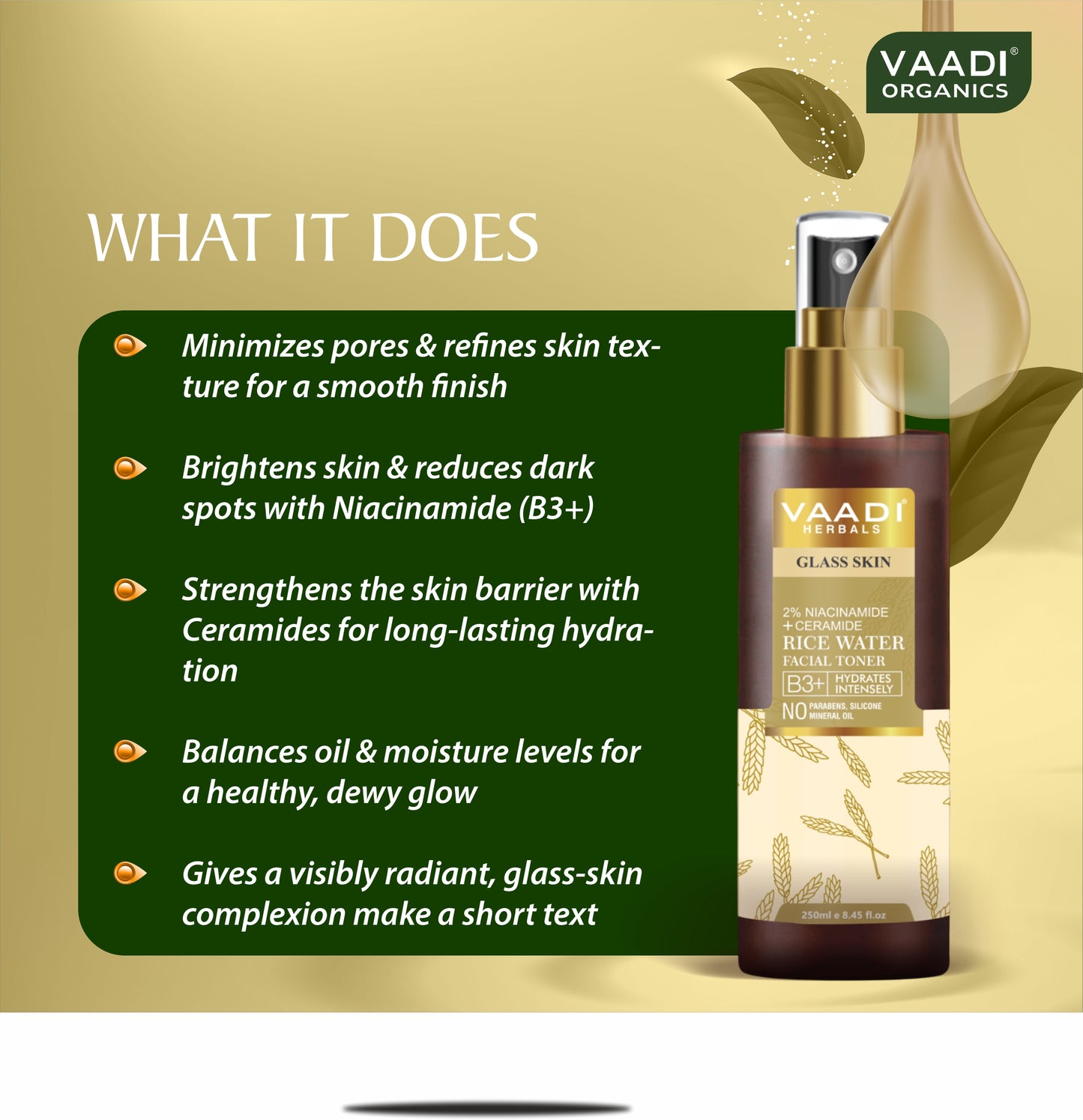Vaadi Herbals 2% Niacinamide + Ceramide Rice Water Facial Toner - B3+ | Brightening| Pore-Tightening & Glass-Skin Hydration (250 ml / 8.2 fl oz)