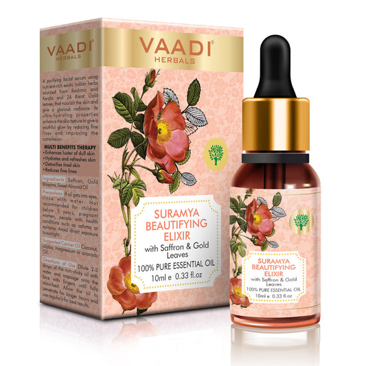 Suramya Beautifying Elixr (Pure Mix of Saffron, 24k Gold Leaves & Sweet Almond Oil) - Reduces Fine Lines, Improves Skin Complexion & Gives a Natural Glow (10 ml/ 0.33 oz)