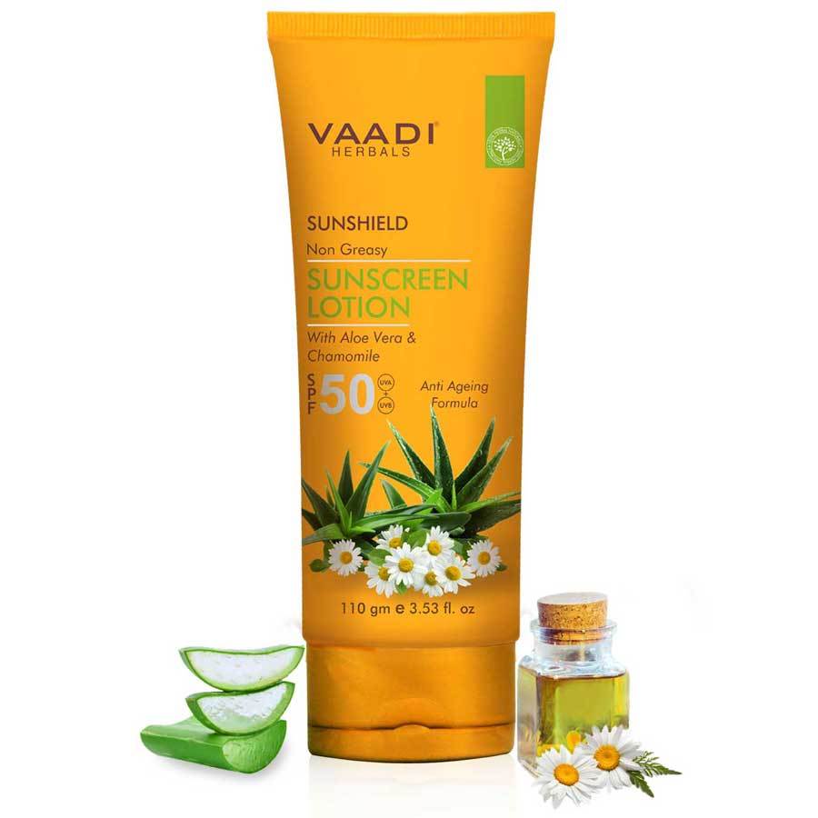 Organic Sunscreen Lotion SPF 50 with Aloe Vera & Chamomile  Non Greasy Long Lasting Soothes Burnt Skin (110 ml/ 4 fl oz)