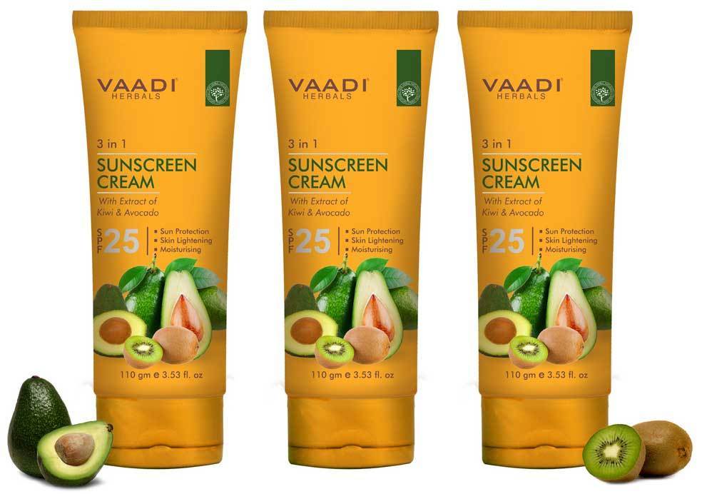 Organic Sunscreen Cream SPF 25 with Kiwi & Avocado Extract  Protects & Nourishes Skin  Enhances Complexion (3 x 110 gms / 4 oz)