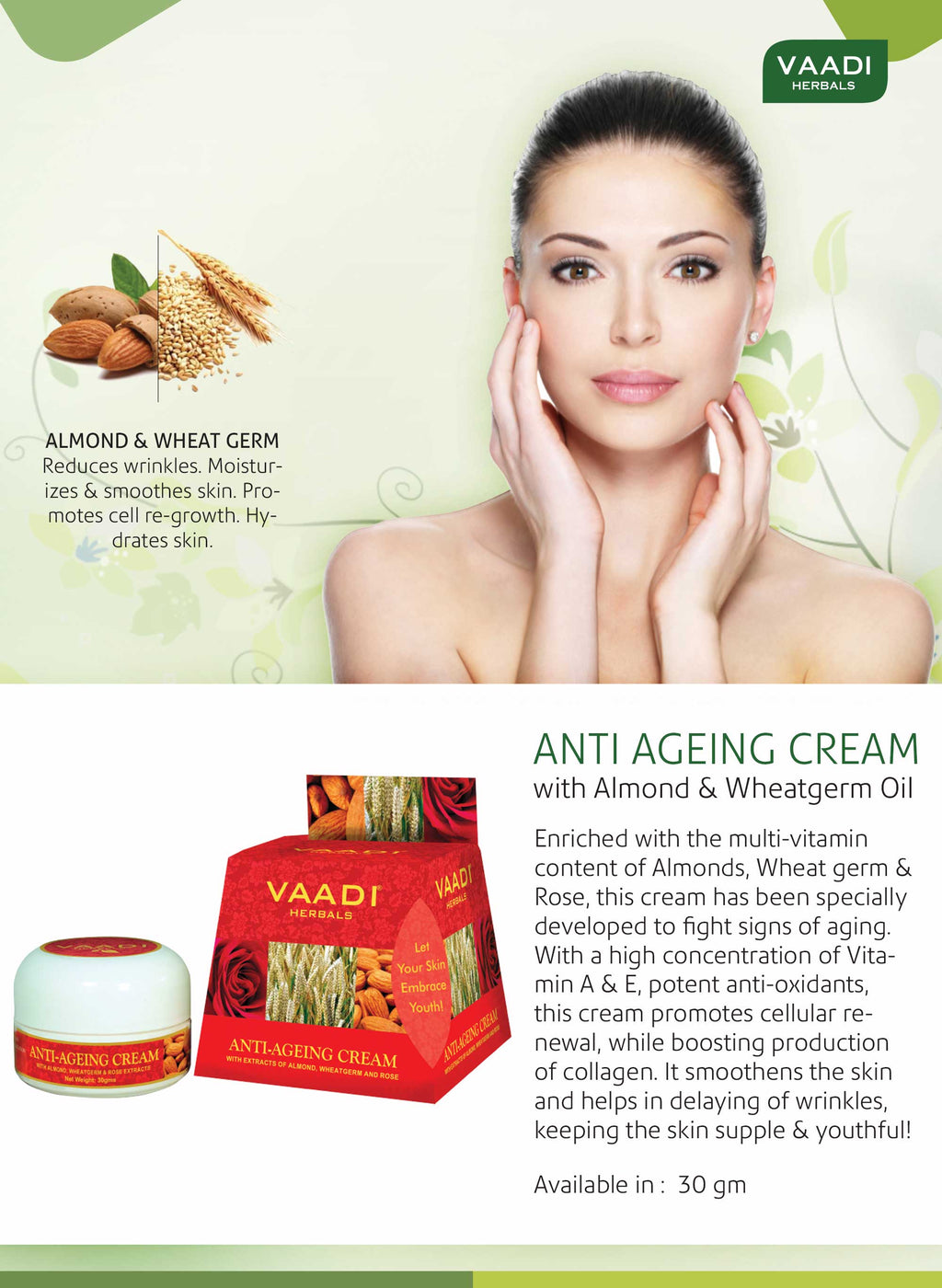 Organic Anti Ageing Cream with Almond, Wheatgerm 
