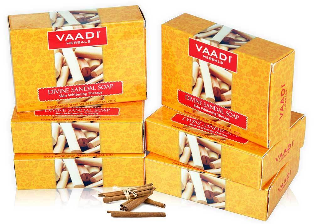 Organic Divine Sandal Soap with Saffron & Turmeric  Skin Lightening Therapy  Lightens Tan & Blemishes (6 x 75 gms / 2.7 oz)