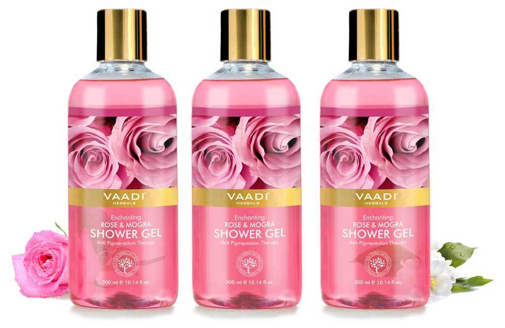 Enchanting Organic Rose & Mogra Shower Gel  Skin Brightening Therapy  Lightens Spots & Patches (3 x 300 ml / 10.2 fl oz)