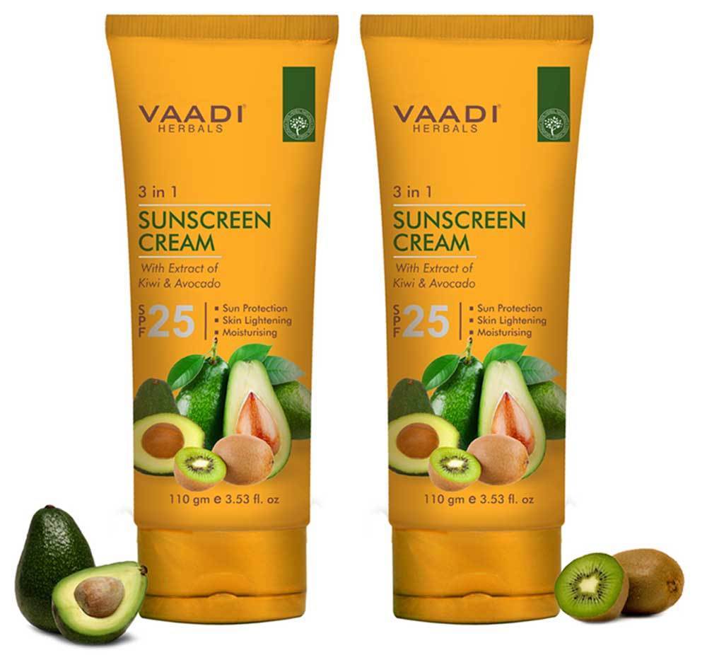 Organic Sunscreen Cream SPF 25 with Kiwi & Avocado Extract  Protects & Nourishes Skin  Enhances Complexion (2 x 110 gms / 4 oz)